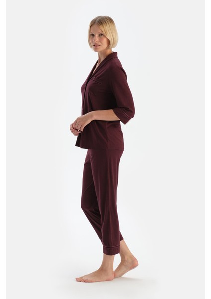 Bordo Biye Detaylı Cepli Penye Modal Pijama Takımı modelleri