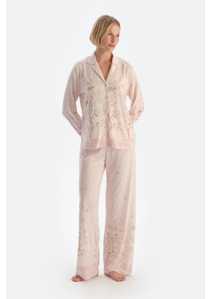 Açık Pembe Çiçek Desenli Penye Modal Pijama Takımı