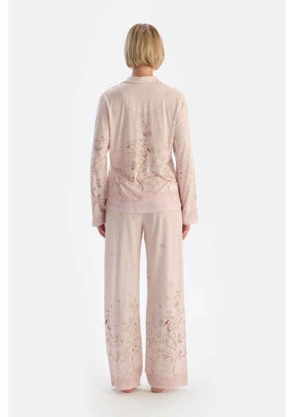Açık Pembe Çiçek Desenli Penye Modal Pijama Takımı