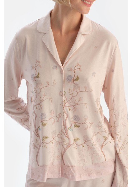 Açık Pembe Çiçek Desenli Penye Modal Pijama Takımı