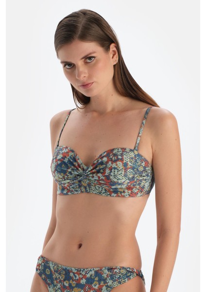 Kiremit-Mavi Straplez Kaplı Bikini Üst