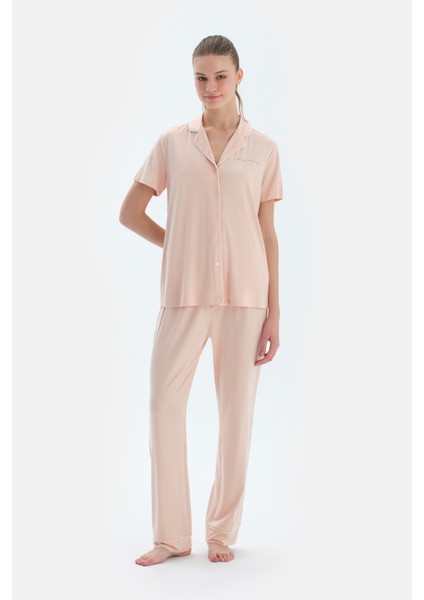 Sütlü Kahve Kısa Kollu Basıc Gömlek Pantolon Pijama Takımı