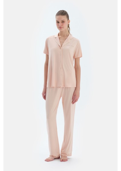 Sütlü Kahve Kısa Kollu Basıc Gömlek Pantolon Pijama Takımı fırsatları