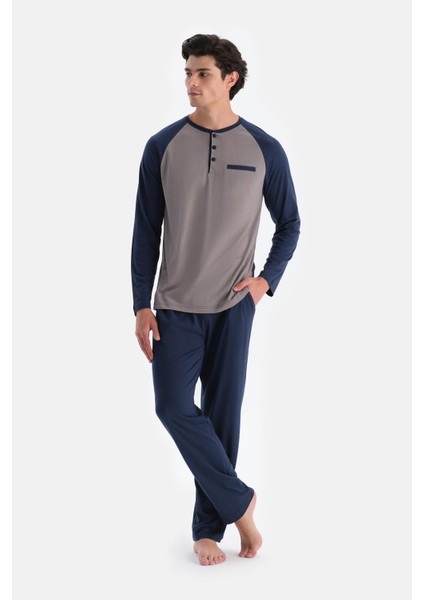 Lacivert Reglan Kol Detaylı Tişört Pantolon Pijama Takımı