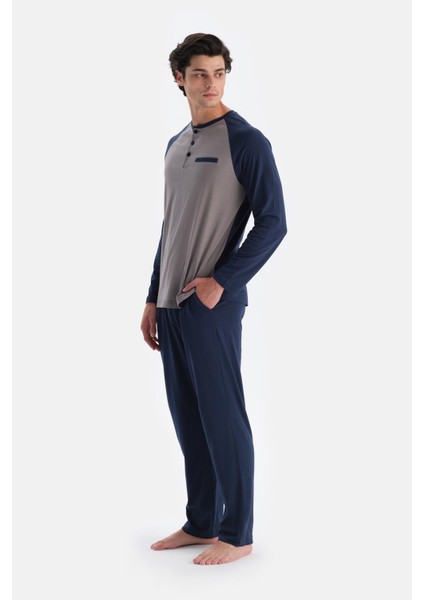Lacivert Reglan Kol Detaylı Tişört Pantolon Pijama Takımı