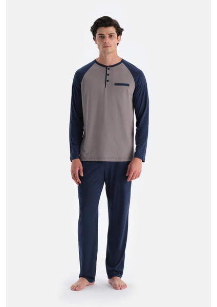 Lacivert Reglan Kol Detaylı Tişört Pantolon Pijama Takımı
