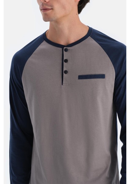 Lacivert Reglan Kol Detaylı Tişört Pantolon Pijama Takımı
