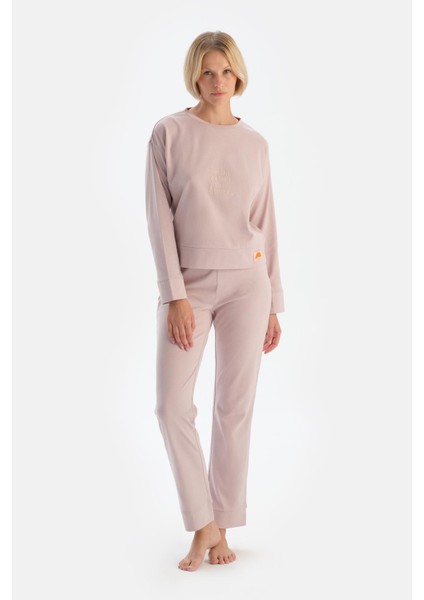 Lila Slogan Baskı Detaylı Uzun Kol Pamuklu Pijama Takımı