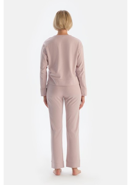 Lila Slogan Baskı Detaylı Uzun Kol Pamuklu Pijama Takımı