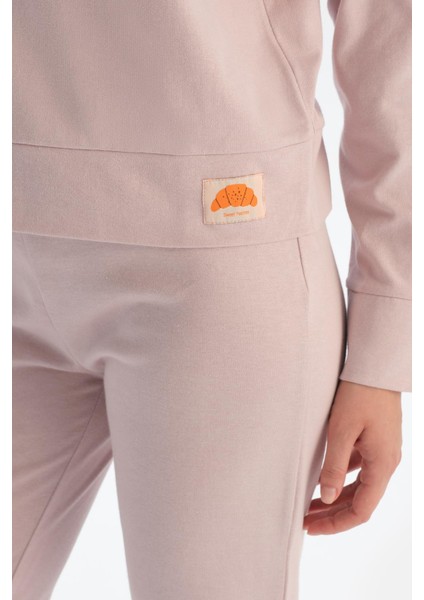 Lila Slogan Baskı Detaylı Uzun Kol Pamuklu Pijama Takımı