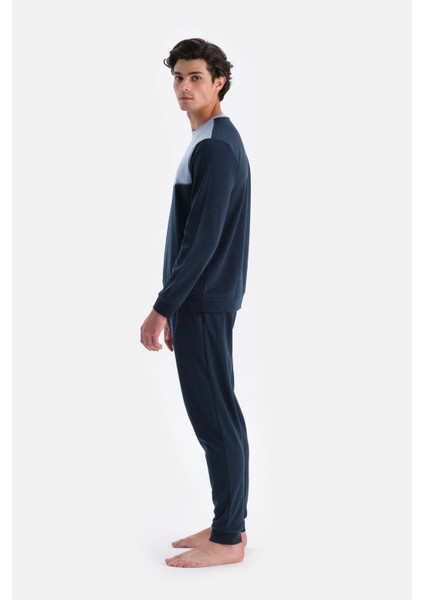 Indigo Melanj Bisiklet Yaka Uzun Kollu Jogger Pantolonlu Pijama Takımı