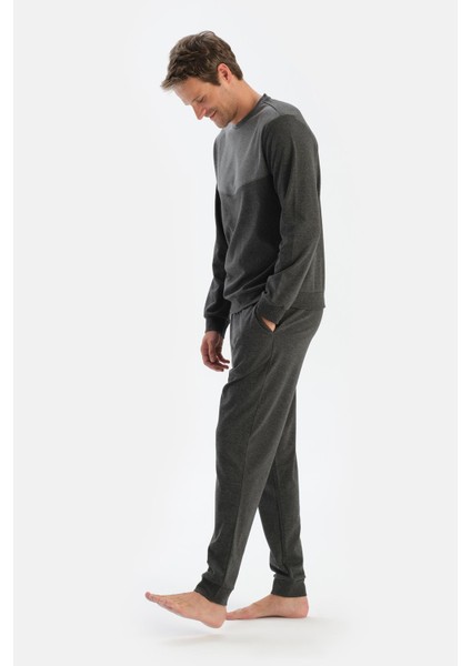 Antrasit Melanj Bisiklet Yaka Uzun Kollu Jogger Pantolonlu Pijama Takımı
