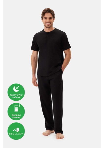 Siyah Yarım Patlı Kısa Kollu Celliant Pijama Takımı