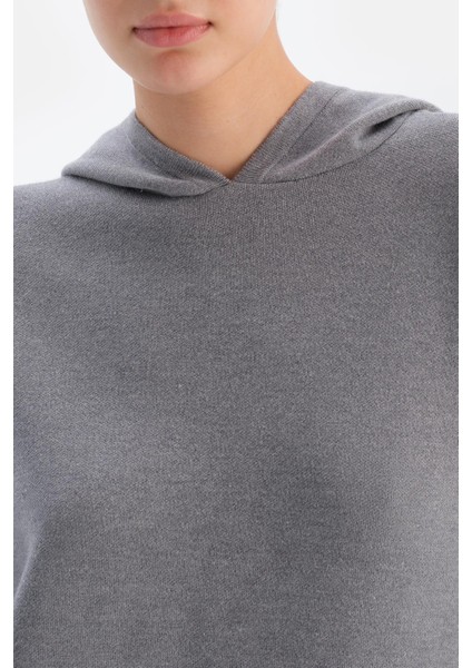 Gri Melanj Kapüşonlu Soft Tuşeli Sweatshırt