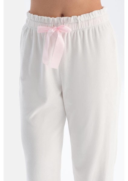 Ekru Baskı Detaylı Uzun Kollu Kadife Pijama Takımı