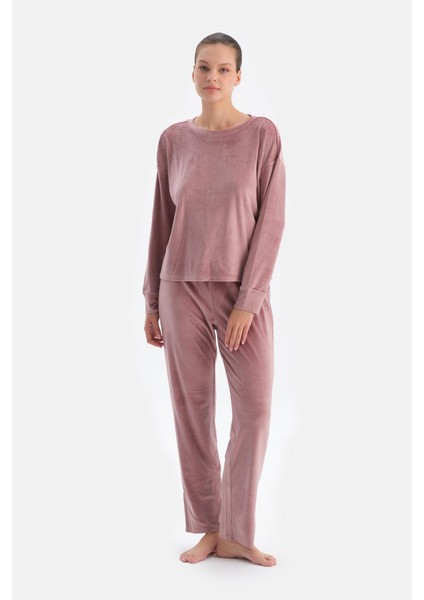 Gül Kurusu Uzun Kollu Bisiklet Yaka Kadife Pijama Takımı