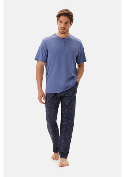 Indigo Yarım Patlı Tişört Pantolon Pijama Takımı