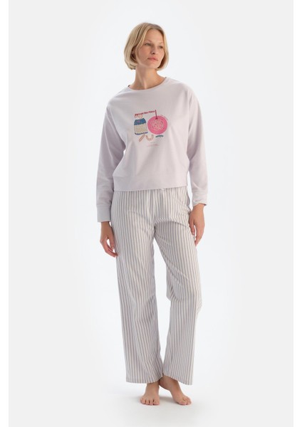 Açık Lila Baskı Detaylı Uzun Kollu Pijama Takımı