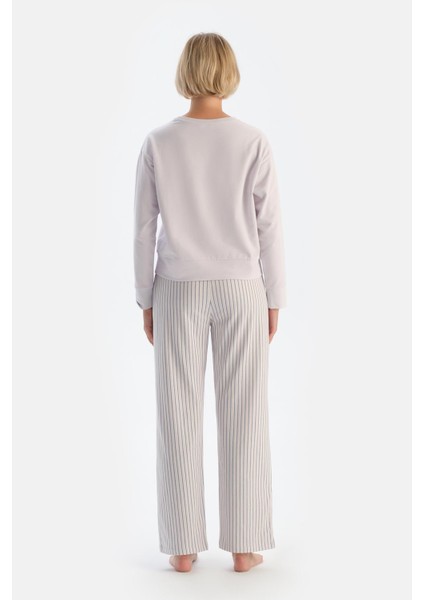 Açık Lila Baskı Detaylı Uzun Kollu Pijama Takımı