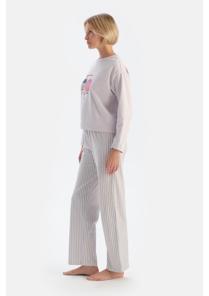 Açık Lila Baskı Detaylı Uzun Kollu Pijama Takımı