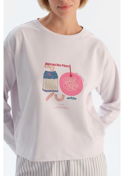 Açık Lila Baskı Detaylı Uzun Kollu Pijama Takımı