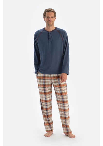 Koyu Mavi Bisiklet Yaka Uzun Kollu Tişört Pantolon Pijama Takımı