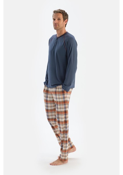 Koyu Mavi Bisiklet Yaka Uzun Kollu Tişört Pantolon Pijama Takımı modelleri