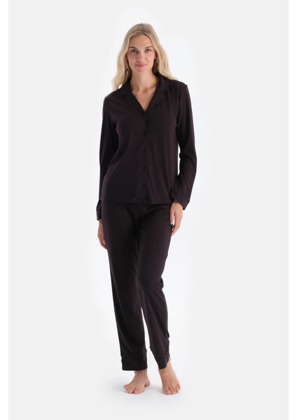 Koyu Kahve Dantel Detaylı Gömlek Pantolon Pijama Takımı