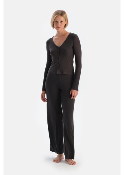 Antrasıt U Yaka Düğmeli Kaşkorse Pijama Takımı