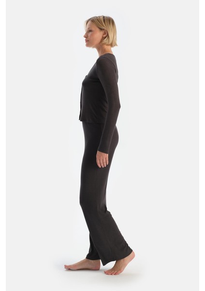 Antrasıt U Yaka Düğmeli Kaşkorse Pijama Takımı