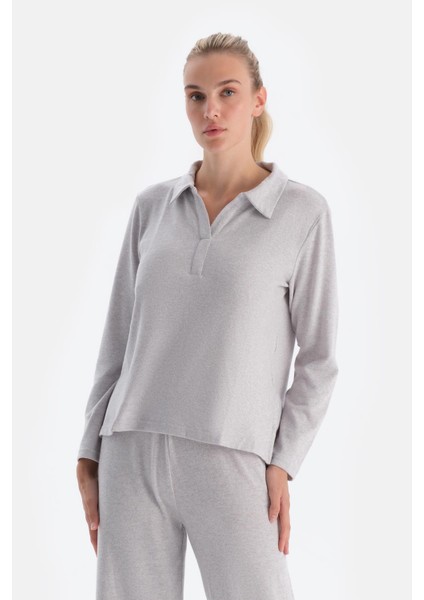 Gri Melanj Polo Yaka Uzun Kollu Basıc Üst