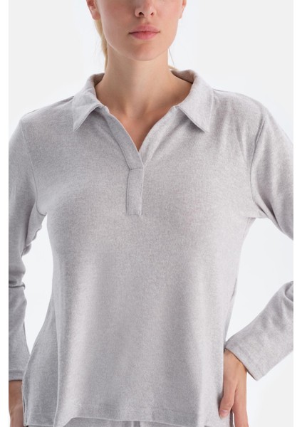Gri Melanj Polo Yaka Uzun Kollu Basıc Üst fırsatları