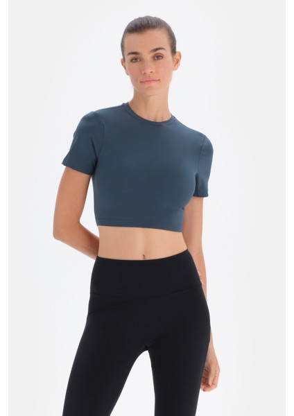 Koyu Yeşil Bisiklet Yaka Crop T-Shirt