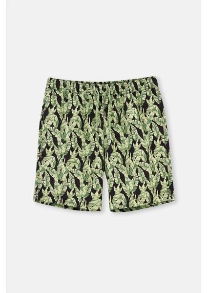 Siyah - Yeşil Tropikal Yaprak Des. Uzun Şort