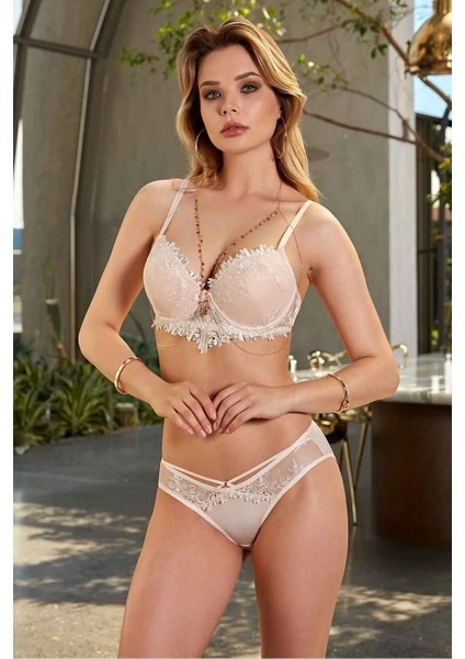 4470 Kadın Dantellli Destekli Sütyen Külot Takım-Pudra