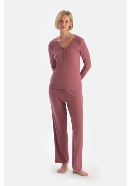 Gül Kurusu V Yaka Düğmeli Kaşkorse Pijama Takımı