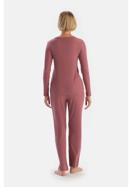 Gül Kurusu V Yaka Düğmeli Kaşkorse Pijama Takımı