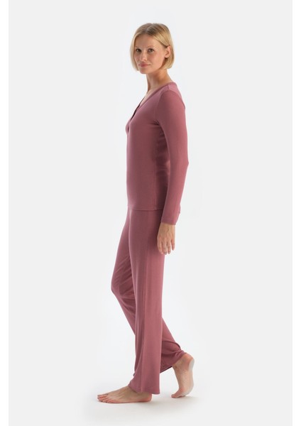 Gül Kurusu V Yaka Düğmeli Kaşkorse Pijama Takımı