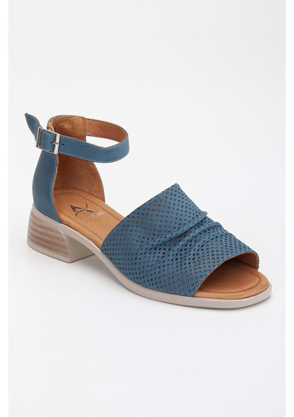 Kadın Hakiki Deri Kalın Bantlı Alçak Topuklu Sandalet - Kot Mavi fırsatları