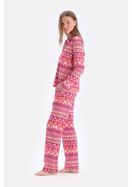 Multicolor Kalpli Metraj Baskılı Gömlek Pantolon Pijama Takımı modelleri