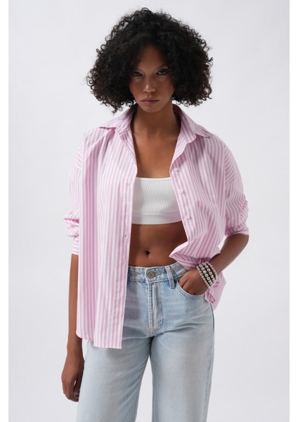 Çizgili Detay Oversize Pembe Gömlek