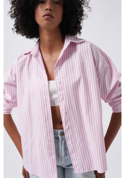 Çizgili Detay Oversize Pembe Gömlek modelleri