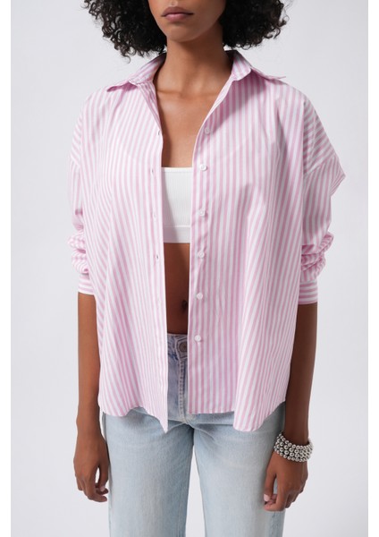 Çizgili Detay Oversize Pembe Gömlek fırsatları