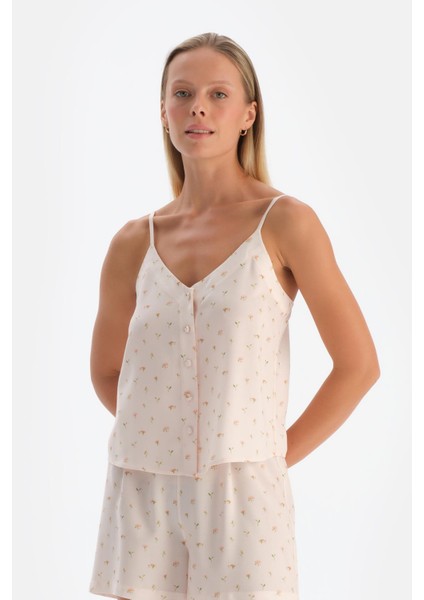 Kırık Beyaz Ince Askılı Desenli Dokuma Pijama Üstü