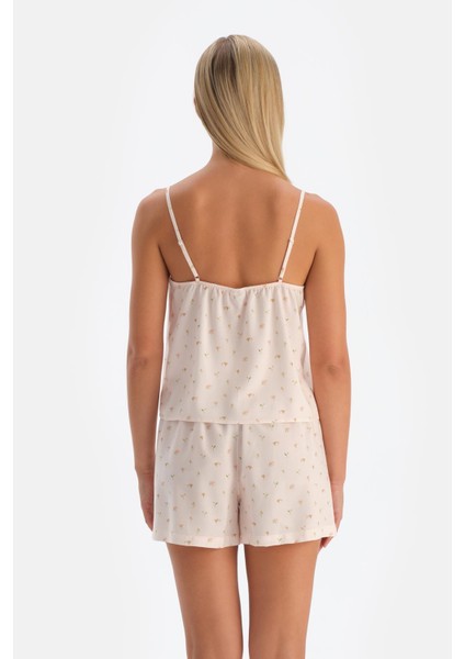 Kırık Beyaz Ince Askılı Desenli Dokuma Pijama Üstü indirimleri