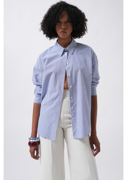 Çizgili Basic Mavi Gömlek