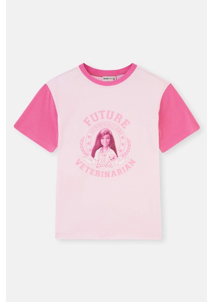 Pembe Barbie Lisans Baskılı Kısa Kollu Bisiklet Yaka T-Shirt