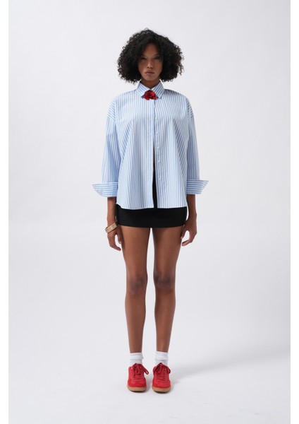 Çizgili Detay Oversize Mavi Gömlek fiyatları