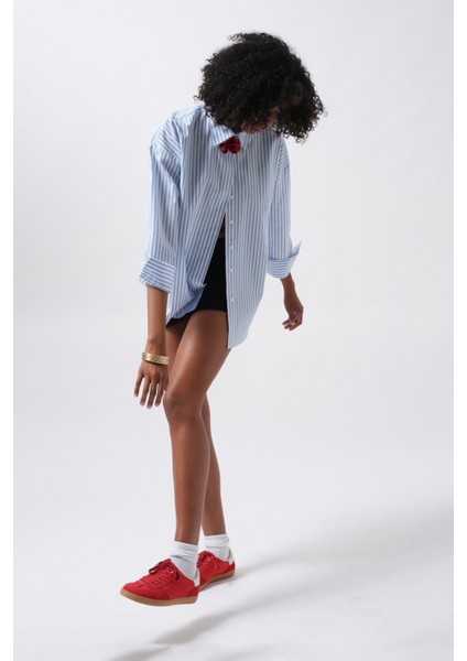 Çizgili Detay Oversize Mavi Gömlek modelleri