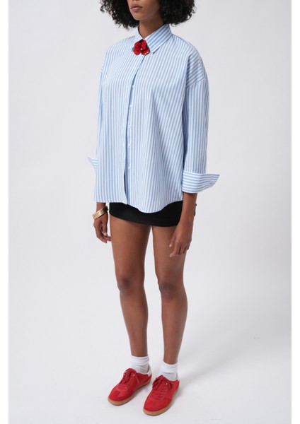 Çizgili Detay Oversize Mavi Gömlek indirimleri